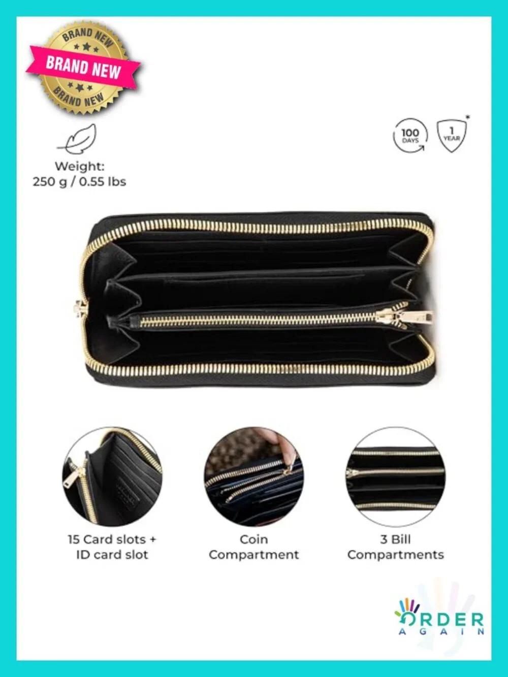 Genuine Leather Zip Around Wallet with RFID Blocking, 15 Card Slots_3